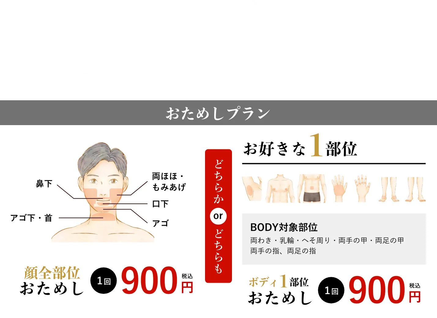 顔ヒゲ（全部位）4回プラン ヒゲ全体6部位 1回7,500円 30,000円（税込）月払い3000円〜　8回プラン 1回7,250円 58,000円（税込）月払い3000円〜  顔ヒゲ（セレクト） 選べる2部位4回プラン 9800円 ヒゲお好きな2部位選べてなんと 1回あたり2450円（税込） 選べる4部位8回プラン 16800円 ヒゲお好きな4部位選べてなんと1回あたり2100円（税込）
