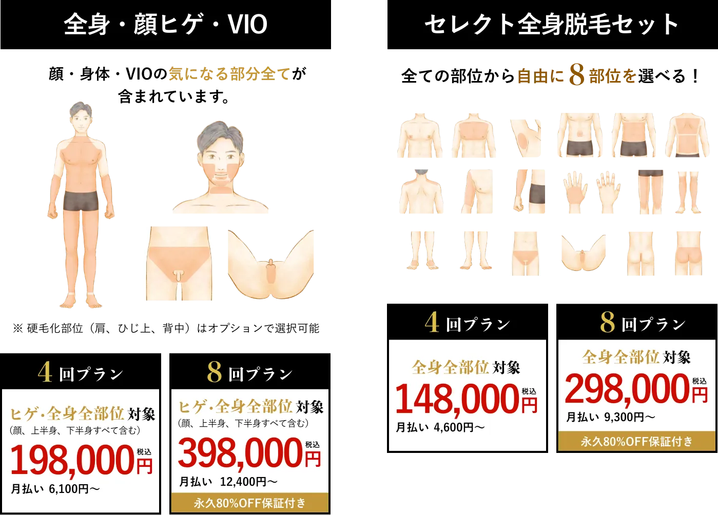 全身・顔ヒゲ・VIO 4回プラン ヒゲ・全身全部位対象（顔。上半身、下半身すべて含む） 198000円（税込） 月払い6100円〜 8回桜蘭 ヒゲ・全身全部位対象（頭、上半身、下半身すべて含む） 398000円（税込） 月払い12400円〜 永久80％OFF保証付き セレクト全身脱毛セット 4回プラン 全身全部位対象 148000円（税込） 月払い4600円〜 8回プラン 全身全部位対象 298000円（税込） 月払い9300円〜 永久80％OFF保証付き